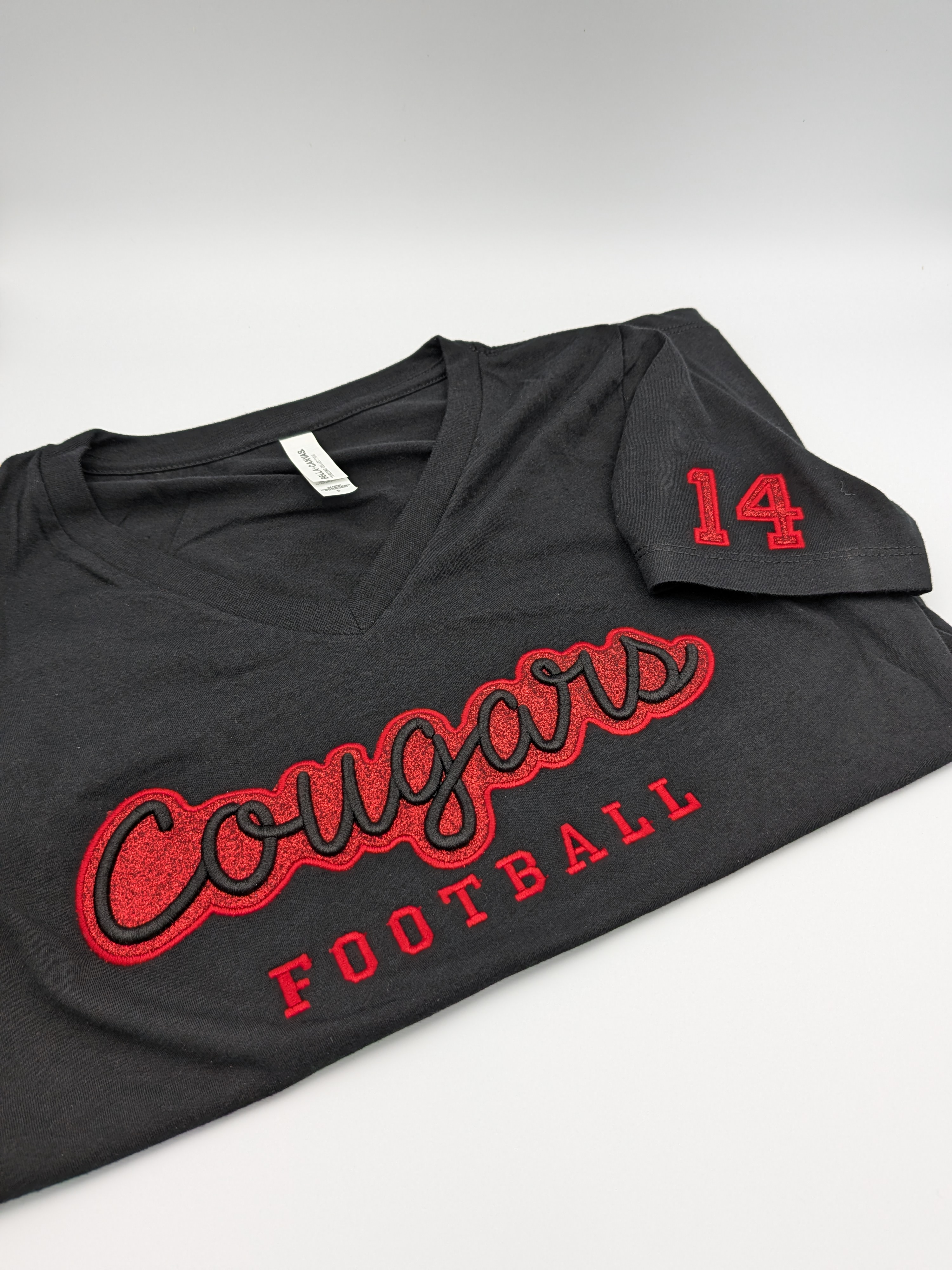 Tomball Cougar Football V-neck Shirt with number on sleeve